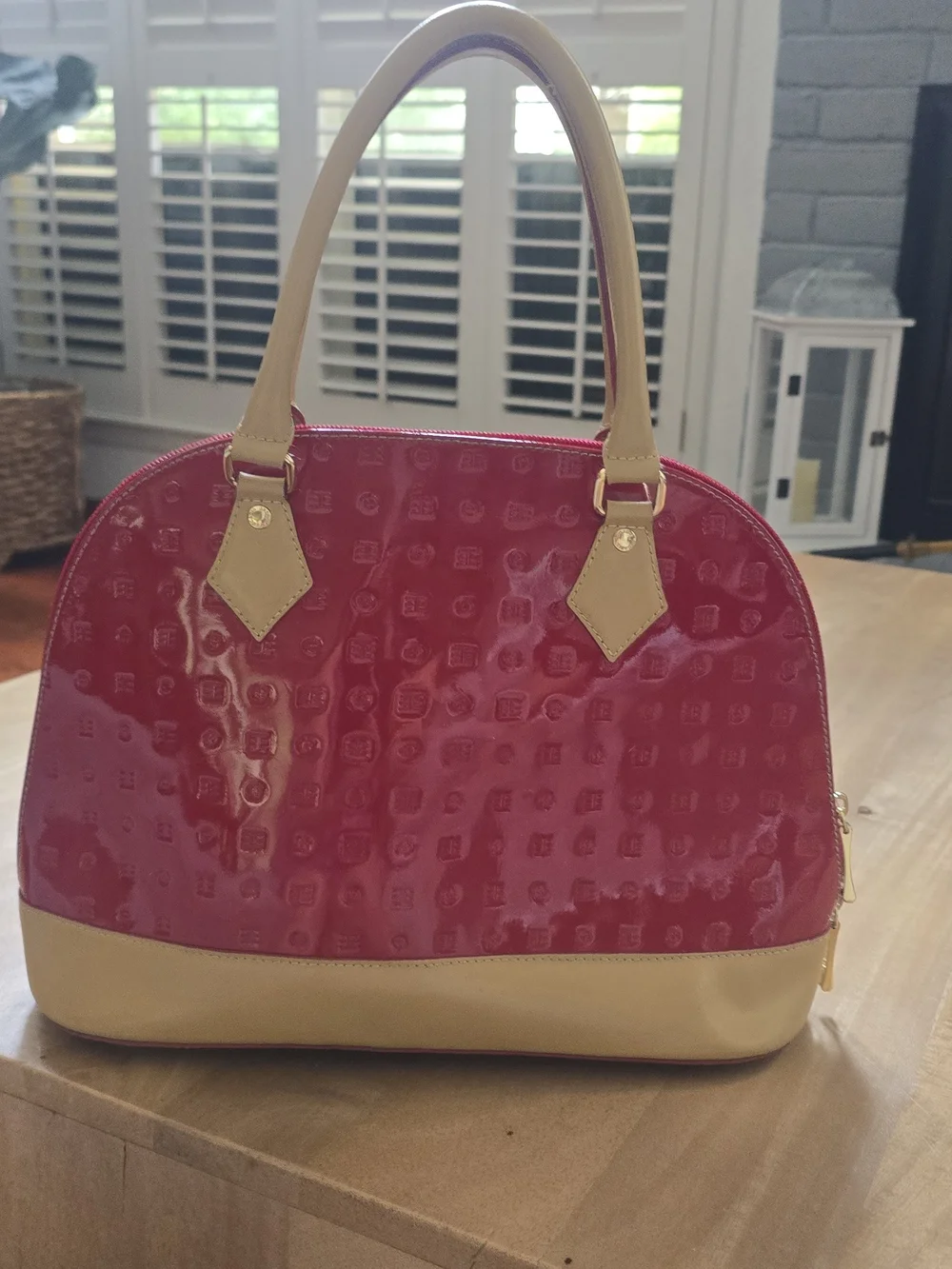 Arcadia Italy Red Patent Leather Embossed Monogram Dome Satchel Handbag